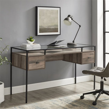Urbanpro 56" 2-Drawer Lifted Tempered Glass Top Desk in Gray Wash
