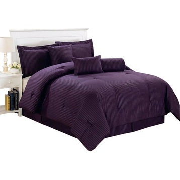 Fantastic 7-Piece Hotel Solid Dobby Stripe Comforter Set, Purple, Full