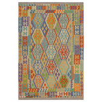 Bareens Designer Rugs - Southwestern Turkish Kilim Ava Hand-Woven Wool Rug - 5'5'' x 6'5'' - Elevate the elegance of your home with this stunning hand-woven tribal Kilim wool rug. Meticulously crafted on a loom by the Nomad Turkman people using hand-spun wool and 100% natural vegetable dyes, these rugs are recognized for their repetitive geometric patterns, incorporating naturalistic floral and traditional designs. The contemporary fashion palette results in bold, sharp patterns that are incredibly versatile, as the pattern is the same on both sides. These reversible rugs feature a lighter shade on one side and brighter colors on the other, providing versatility according to preference. These unique rugs are made by knotting short strands of different colors onto the warps and securing them by tightly pressing the wefts. The designs are created by interweaving the various colored wefts and warps. Kilims are known for their exceptional durability and versatility, making them truly unique rugs.  Product Details    Rug Size: 5'5'' x 6'5''  Material: 100% Wool  Style: Kilim, Flat Weave, Dhurrie, Turkish, Southwestern, Rustic, Tribal  Colors: Blue, Grey  Weave Type: Hand-Woven, Handmade  Pile Height: Less than 0.25 inch
