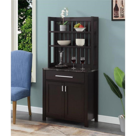 Sawyer Wine Bar with Cabinet in Black Faux Marble and Espresso Wood Finish