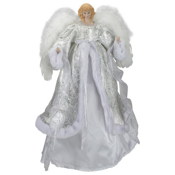18" Lighted White/Silver Angel in a Dress Christmas Tree Topper, White Lights