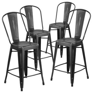 24" High Distressed Black Metal Indoor Counter Stools With Back, Set of 4
