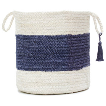 Bold Striped Off-White Jute Decorative Storage Basket with Handles