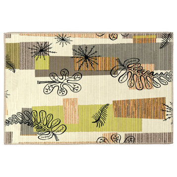 Fern  with Leaves Abstract Rug with Patterns 50's Mod Indoor Area Rug, 5'x7'
