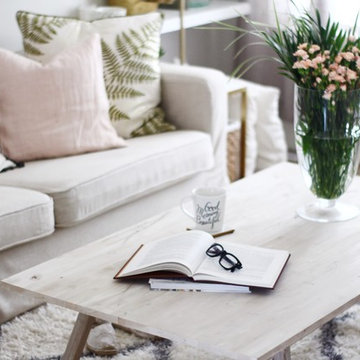 Karlstad Sofa Cover in Long Skirt Linen Slipcovers | Liege Biscuit fabric