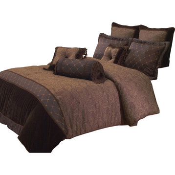 Benzara BM227305 9 Piece Queen Comforter Set with Paisley Pattern Design, Brown
