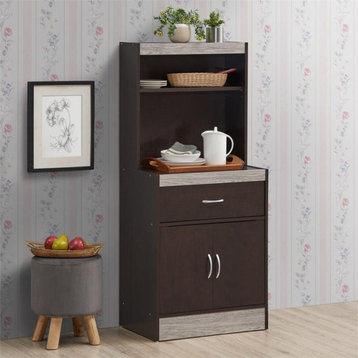 Pemberly Row 54" Open Shelves 2-Door 1-Drawer Kitchen Cabinet in Chocolate Wood