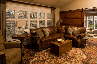 Inspiration for a mid-sized timeless open concept medium tone wood floor and brown floor family room remodel in Raleigh with beige walls