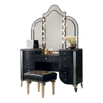 AICO Michael Amini Hollywood Swank Upholstered Vanity Set, Black Iguana