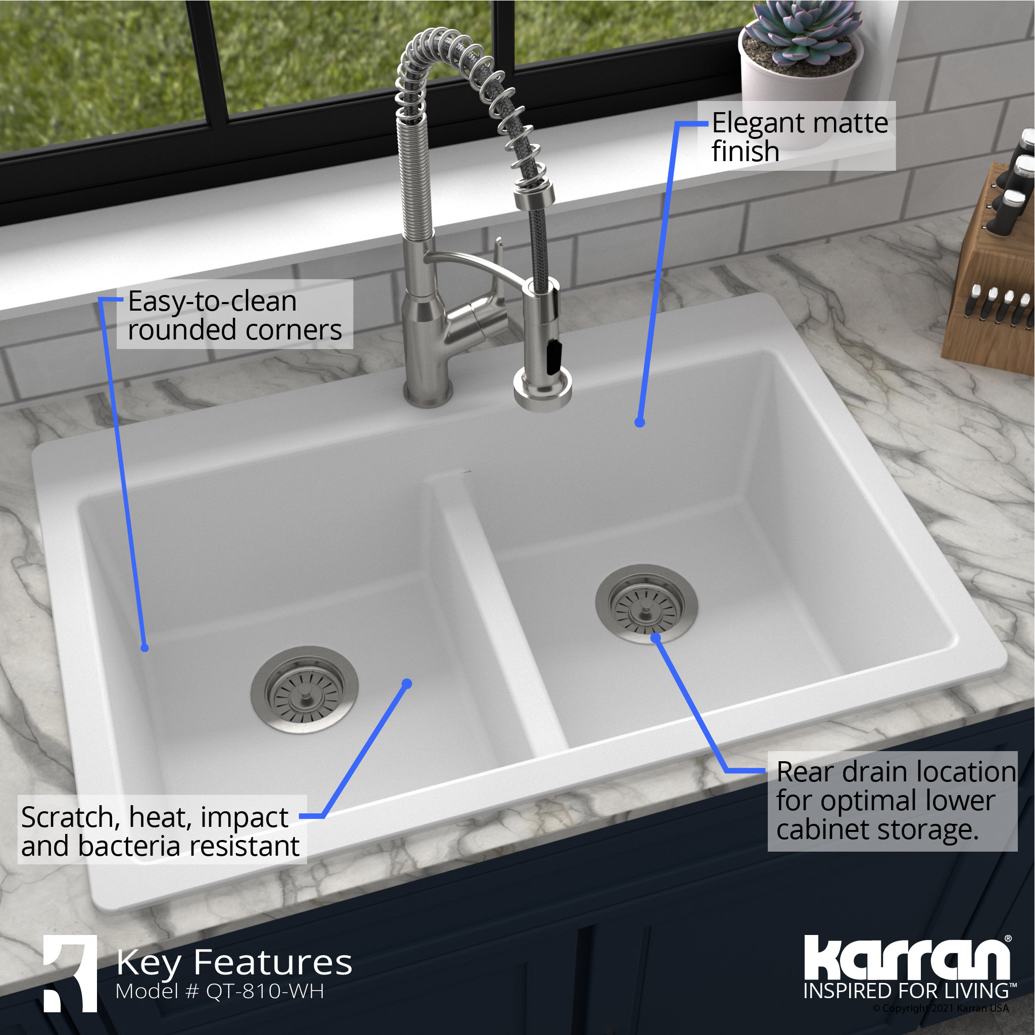 Karran 33" Top Mount Double Equal Bowl Quartz Kitchen Sink, White