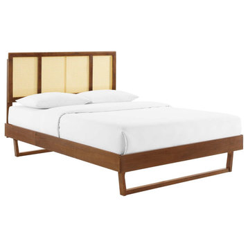 Kelsea Cane and Wood King Platform Bed With Angular Legs