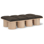 Meridian Furniture - Pavilion Black Boucle Fabric Bench, Brown, Natural Finish, 62" W X 36" D X 17.5" H - Bring valuable seating and remarkable style to your space with this Brown Pavilion boucle fabric bench, an exquisite balance of style and usability for the entryway, bedroom, and beyond. Crafted from oak veneer with a natural finish, this bench has a 4-inch-thick seat cushion that's channel-tufted for a touch of luxury. The bench's columnar bases add a dash of art deco design, making it a captivating focal point in any room.