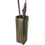 Excellent Accents Inc. - Solid Brass Umbrella Stand Embossed with cast brass feet 20"H x 7.75"W - Embossed solid brass umbrella stand with solid cast brass trim, feet, and ring handles. Height 20," Width (measured from side to side across top) 7.75" The Antiqued Brass Finish is lacquered inside and out for tarnish resistance and easy maintenance. This compact solid brass umbrella stand is designed to compliment your foyer where space is limited, but with all of the elegance of our larger stands. The embossed "vines" pattern on all 4 sides and sturdy convex corners produce a rugged yet beautiful piece reflecting the hand-made traditions of our experienced brass and copper craftsmen. This piece has been returned to our catalog for 2022 and 2023 by popular demand! An Excellent Accents exclusive! NOTE: Ships to continental US only. Cannot ship to a PO Box. Because this piece is hand made, final finish patina or dimensions can vary slightly.
