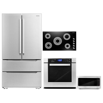 4 Piece, 36" Cooktop 30" Wall Oven 24.4" Microwave & French Door Refrigerator