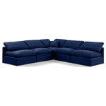 Meridian Furniture - Indulge Upholstered Modular L-Shaped Sectional, Navy, 5-Piece: 4 Armless Chair, 1 Corner Chair, Down Stuffed Velvet - Experience ultimate comfort and style with our navy velvet Indulge Sectional. The luxurious velvet will elevate the aesthetic of any room. This sofa provides ample space for you to relax while its modular build offers the option of unlimited configurations. Whether you're looking to add a stylish element to your living room or a comfortable seating option to your bedroom, this sofa is the perfect choice.