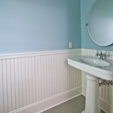Powder Room With Beadboard Wainscot and Pedestal Sink