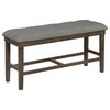 Counterheight Rustic Dark Oak Dining Bench Upholstered with Gray Linen Fabric