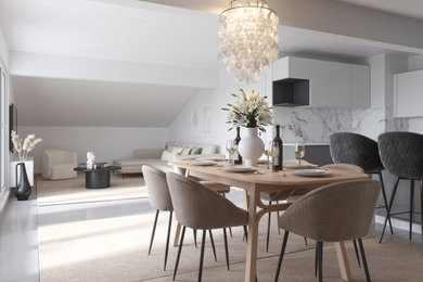 Exemple d'une petite salle à manger ouverte sur le salon moderne avec un mur blanc, parquet clair, aucune cheminée et un sol beige.