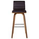 Armen Living - Vienna Contemporary Swivel Bar Stool, Counter Height, Brown - The Vienna 26" Swivel Brown Faux Leather and Walnut Wood Counter Stool by Armen Living provides both versatile style and comfort with a Mid-Century Modern design that can easily be integrated into your home's current decor. The 360-degree swivel function provides optimal mobility so you and your guests to stay engaged regardless of your place in the room at parties and gatherings.  The Vienna's frame is constructed of strong wood that is brilliantly accented by the plush high-density foam cushion that's wrapped in faux leather upholstery. A square metal footrest is added for a chic and stylish aesthetic without comprising practicality and functionality of this item. The soft faux leather upholstery makes clean up a breeze, making this the perfect bar or counter stool for any entertaining home! With multiple bar seat height options and the armless design, you can easily pull the Vienna up to your kitchen island, peninsula counter, or home bar. The high seat back ergonomic properties to keep your back healthy and properly aligned. The Vienna is an ideal addition to any home or apartment and its quality materials ensure a comfortable seat for many years to come. The Vienna Counter or Bar Stool is available in 26 inch or 30-inch seat height and comes in your choice of a walnut wood finish with cream, grey, or brown faux leather or a black wood finish with grey faux leather.