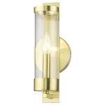 Livex Lighting - Castleton 1 Light Satin Brass ADA Single Sconce - A glass cylinder shines with light as steel straps and a rounded back plate ground this Castleton sconce with a modern style. The clean, transitional, versatile sleek look will add romantic light while maintaining your minimalist interior. This beautiful sconce comes in a satin brass finish.  With its easy installation and low upkeep requirements, this light will not disappoint.