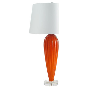 Classic Tapered Teardrop Shaped Art Glass Table Lamp Orange 35 in Ribbed Curved