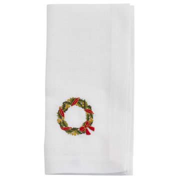EmbroideredTable Napkins With Wreath Design (Set of 4), White, 20"x20"