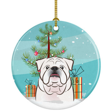 Christmas Tree And White English Bulldog Ceramic Ornament, Multicolor