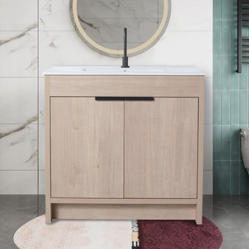 Freestanding Bathroom Vanity, Light Oak, 36 in, With White Ceramic Sink