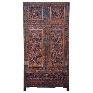 Chinese Brown Huali Dragons Motif Tall Stack Compound Cabinet Armoire Hcs7636