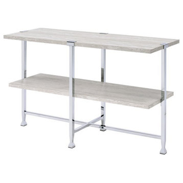 ACME Brecon Rectangular Wooden Sofa Table with Shelf in White Oak and Chrome