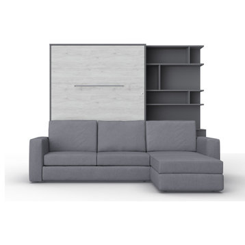 Contempo Vertical Wall Bed with a Corner Sofa and a Bookcase, 55.1x78.7 inch, Slate Grey/White Monaco + Grey