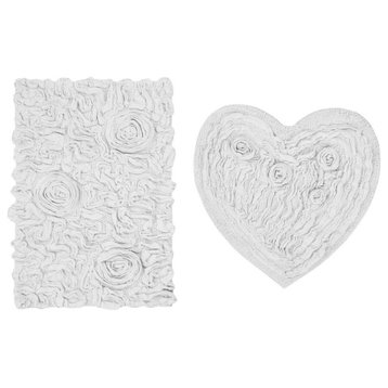 Bell Flower Collection Tufted Bath Rugs, 2-Piece Set With Heart, White