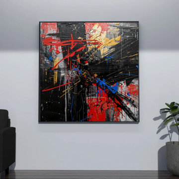 Modern Abstract Geometric Canvas Wall Art - Red Black Grey with Blue Splash