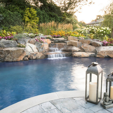 freeform oaisis with a waterfeature and waterfalls in Short Hills NJ