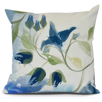 Windy Bloom, Floral Print Pillow, Navy Blue, 18" x 18"
