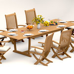 Teak Deals - 9-Piece Outdoor Teak Dining: 117" Masc Rectangle Table, 8 Warwick Folding Chairs - Set includes: 117" Double Extension Rectangle Dining Table and 8 Folding Arm Chairs.