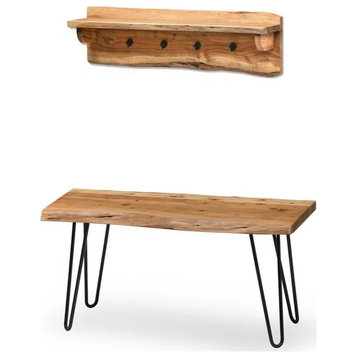 Accent Bench With Coat Hanger, 4 Single Hooks With Upper Shelf & Hairpin Legs