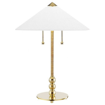 Transitional 2 Light Table Lamp Brass/Belgian Linen Base White Belgian Linen