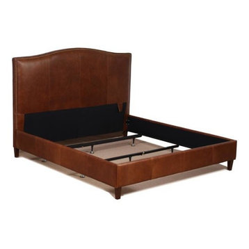 Genuine Leather Bed With Brass Nailhead Trim, Tobacco Brown, King
