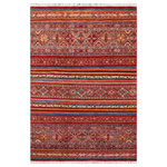 Bareens Designer Rugs - Rustic Khurgeen Helaine Red/Blue Wool Rug - 5'6'' x 7'10'' - Designed with a mesmerizing intricate transitional and geometric motif this glorious hand knotted rug made with handspun Ghazni wool is a masterpiece that will fill any space with sophistication and grace. Hand knotted by skilled artisans in an exhilarating color pallet with an elaborate design, this masterpiece features luxurious hand spun wool with all vegetable dyes to add comfort and style to your decor. The design, color, and beautiful chromatic composition with a sheen in transitional and geometric designs, exude beauty, elegance and quality make this rug an extraordinarily opulent center piece for your living space. The intricate designs known as Khurgeen, Khorgeen or Khorjin range are inspired by the patterns from ancient tribal bags. An infusion of bold, saturated color gives this traditional hand-knotted rug a fresh perspective and modern appeal. Most desired due to its versatility in design and affordability this handmade rug is in a compelling focal point in any living area.