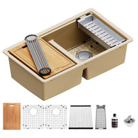 Karran Undermount 32.5 in. Double 50/50 Bowl Workstation Kitchen Sink, Bisque