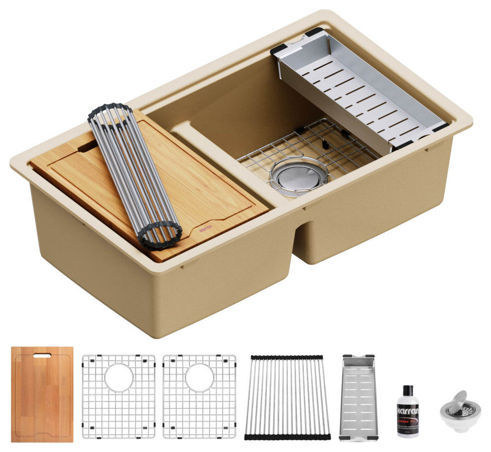 Karran Undermount 32.5 in. Double 50/50 Bowl Workstation Kitchen Sink, Bisque