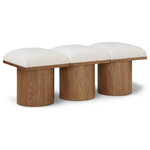 Meridian Furniture - Pavilion Black Boucle Fabric Bench, Cream, Walnut Brown Finish, 46.5" W X 18" D X 17.5" H - Bring valuable seating and remarkable style to your space with this cream Pavilion boucle fabric bench, an exquisite balance of style and usability for the entryway, bedroom, and beyond. Crafted from oak veneer with a walnut brown finish, this bench has a 4-inch-thick seat cushion that's channel-tufted for a touch of luxury. The bench's columnar bases add a dash of art deco design, making it a captivating focal point in any room.