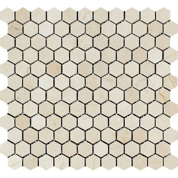 12"x12" Polished Crema Marfil Mediterranean Marble Hexagon Mosaic, Set of 50