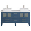 63" Blue Wood & Porcelain Double Sink Vanity Set, BN Faucets- "Connor"
