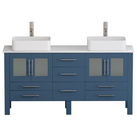 63" Blue Wood & Porcelain Double Sink Vanity Set, BN Faucets- "Connor"