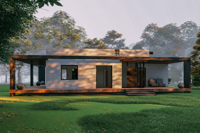 Идея дизайна: одноэтажный, белый частный загородный дом среднего размера в современном стиле с облицовкой из цементной штукатурки, металлической крышей, серой крышей и крышей-бабочкой