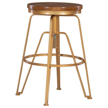 Linon Lexi Stool Adjustable 25"-29" Spin Top Wood Seat with Iron Base in Gold