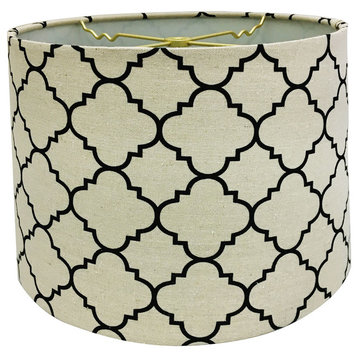 Linen Eggshell and Black Moroccan Print Shallow Drum Hardback Lamp Shade