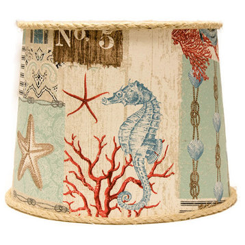 Nautical Patchwork Lampshade, Tan, Brown, Blue, and Red, 12", Drum With Washer